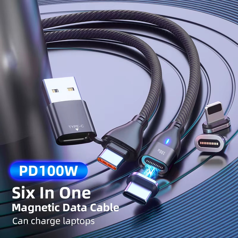 6 in 1 Magnetic Quick Charge Cable PD 100W for Iphone Charger Cable Micro USB Type C to USB C Cable for Xiaomi Samsung Macbook